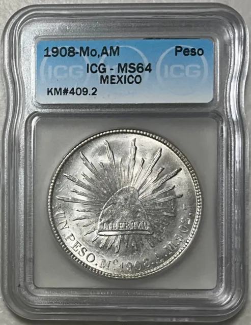 1908 Mo, AM Mexico 1 Peso ICG MS64