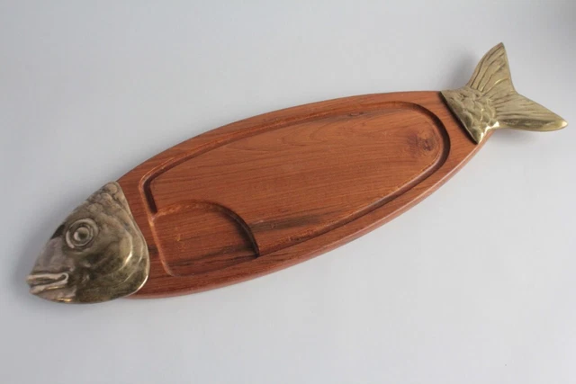 Plateau Plat en bois et métal en forme De poisson -année 50