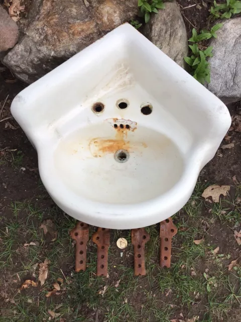 Antique Vintage 1930s Cast Iron Porcelain White Corner Sink