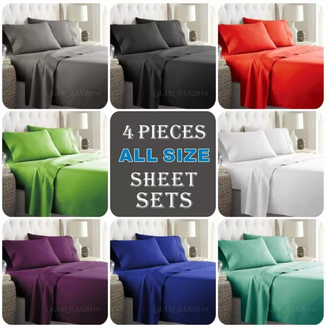 1000TC 4 Pieces Soft Flat Fitted Sheet Set Single/Double/Queen/King/SK Size Bed