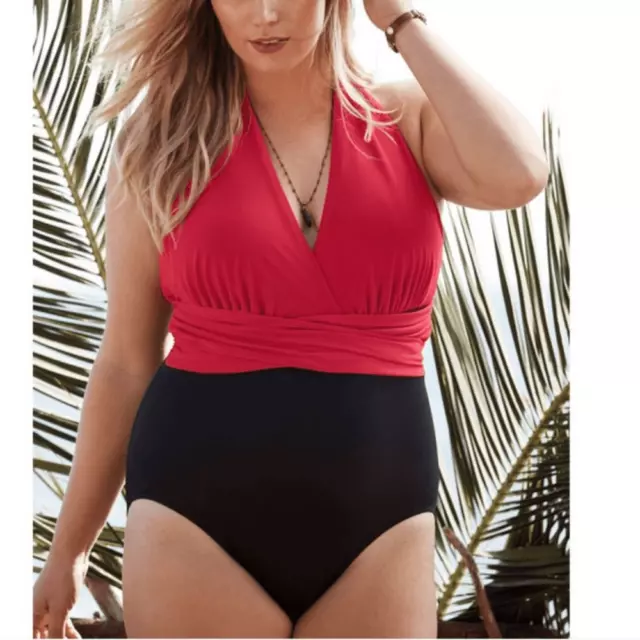 TRIMSHAPER BY MIRACLESUIT Plunge Halter One Piece Swimsuit red black 26 W NWT 32.21 PicClick UK