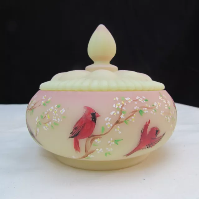 Fenton Burmese OOAK Cardinals Hand Painted Powder Puff Box H. Linn 2013 C2159