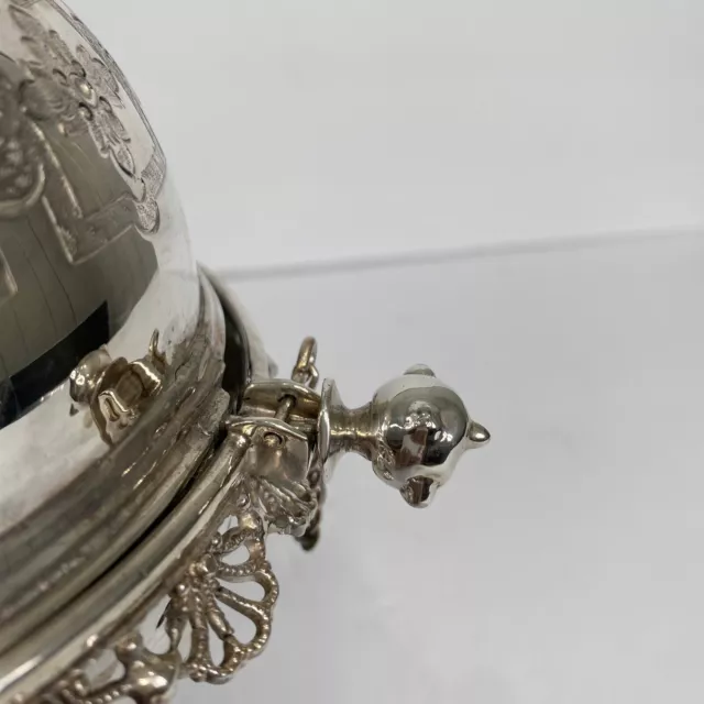 Vtg Silverplate Caviar Butter Roll Top Dish Pierced Ornate Floral Etched Dome 3