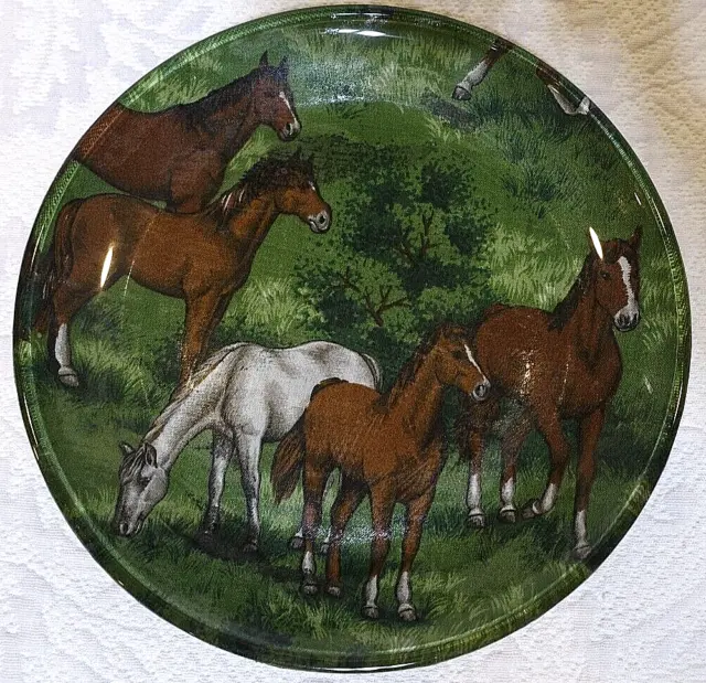 Horses Grazing  Standing Glass Plate 8" with Black Backing