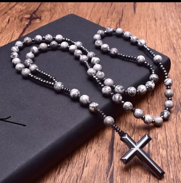 Rare Jade Natural Stone Rosary Beads Hematite Necklace Cross Crucifix Men Women