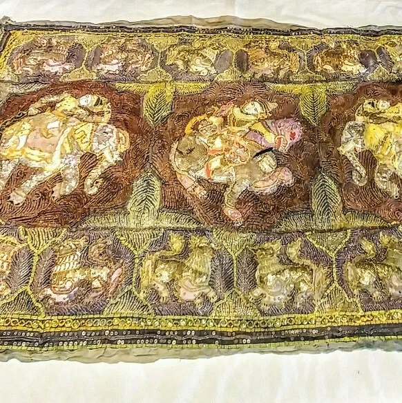 Antique Burmese KALAGA TAPESTRY Hand Embroidered Wall Hanging