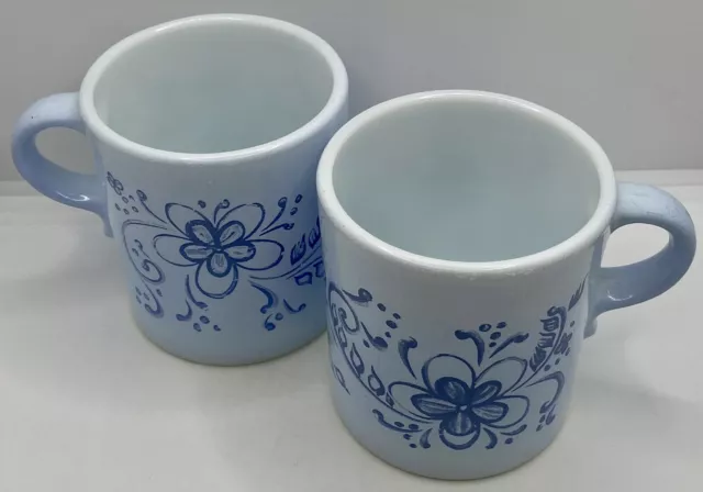 Vintage Pyrex Milk Glass Mugs, Set Of 2, Brittany Blue, Floral Motif, VGUC