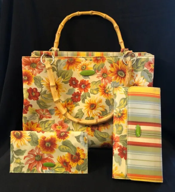 Longaberger 3 Pc Set: Tote, Wallet & Checkbook Cover, Flowers with Stripes