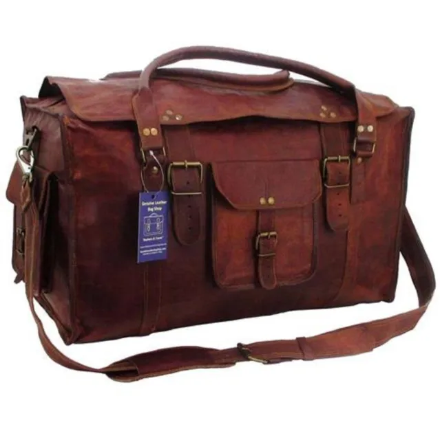 21 inch Mens Vintage Genuine Leather Flap Duffel Carry On Weekender Travel Bag