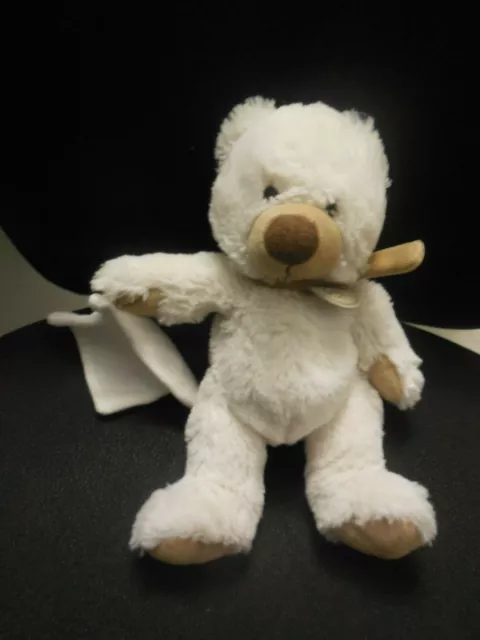 doudou peluche pantin ours blanc beige + mouchoir BABY NAT