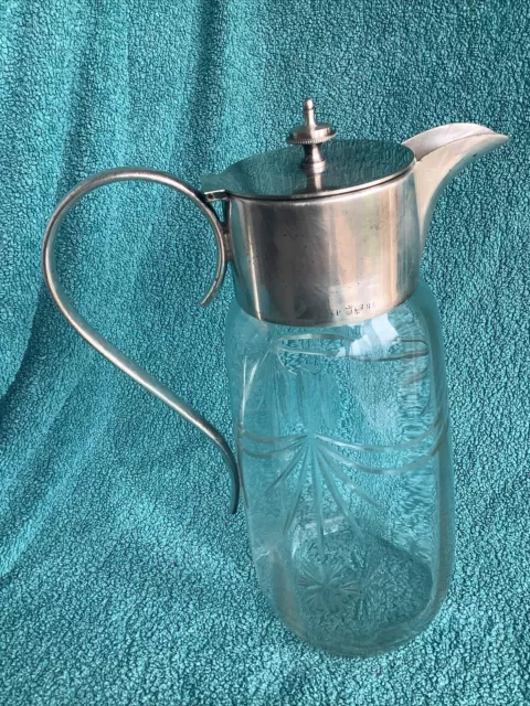 Diamond Cut Glass Claret Jug  Silver Plated With Pourer & Handle EP🐝 NS Mark