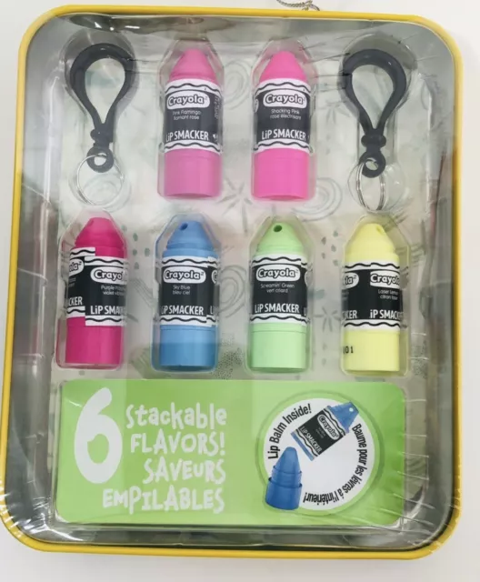 Crayola Lip Smacker Mini Lip Balms 6 Stackable Flavors In Tin, 2 Keychain Clips