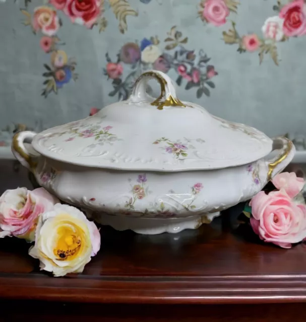 Antique Theodore Haviland Limoges Pink Floral Flower  Vegetable Tureen & Lid