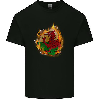 The Welsh Flag Fire Effect Wales Mens Cotton T-Shirt Tee Top