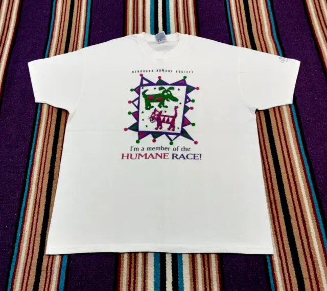 Vintage 90s Nebraska Humane Society Animal Rights USA Made White T Shirt Size XL