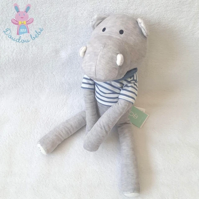 NEUF - Doudou Hippopotame gris T-shirt rayé bleu blanc OBAIBI OKAIDI