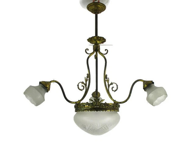 Art Deco Antique French Empire Chandelier Etched Glass Sconce 4 Lights Lamps