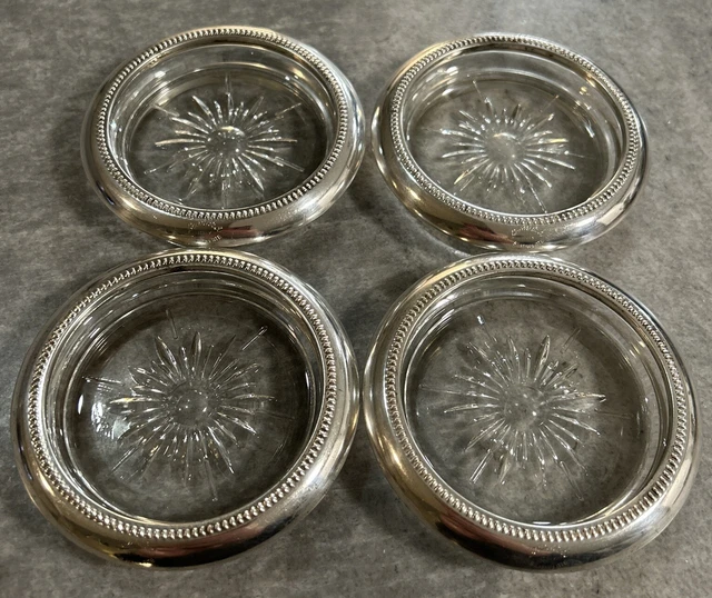 Vintage Set of Four Crystal and Silverplate Coasters / Ashtray By Leonard-Italy