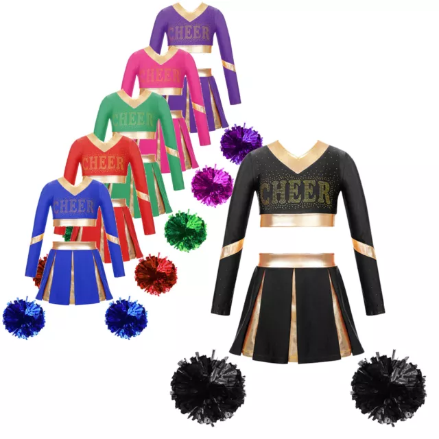 Kids Girls Crop Top With Skirt Rhinestone Cheerleader Costume Color Block