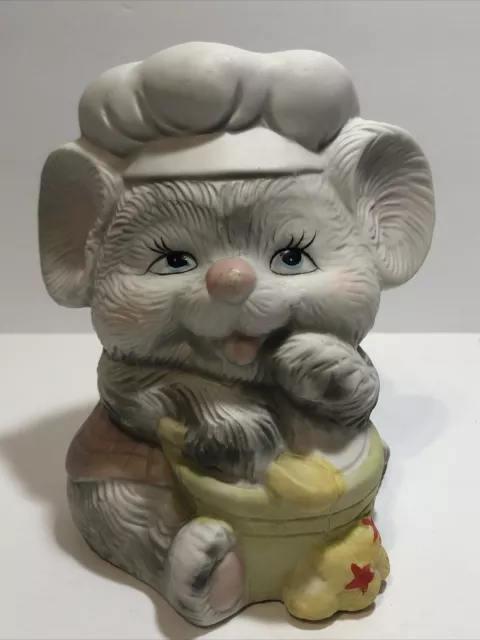 Mouse Chef Coin Bank - White & Gray Fur w/ Mixing Bowl & Spoon - Vintage