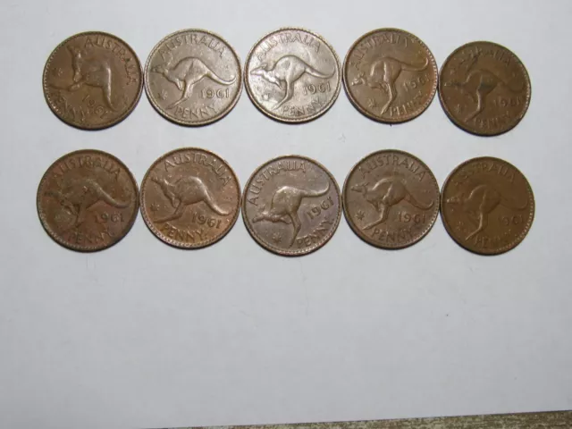 Lot of 10 Old Australia Coins - 1961 Penny Kangaroo - Circulated