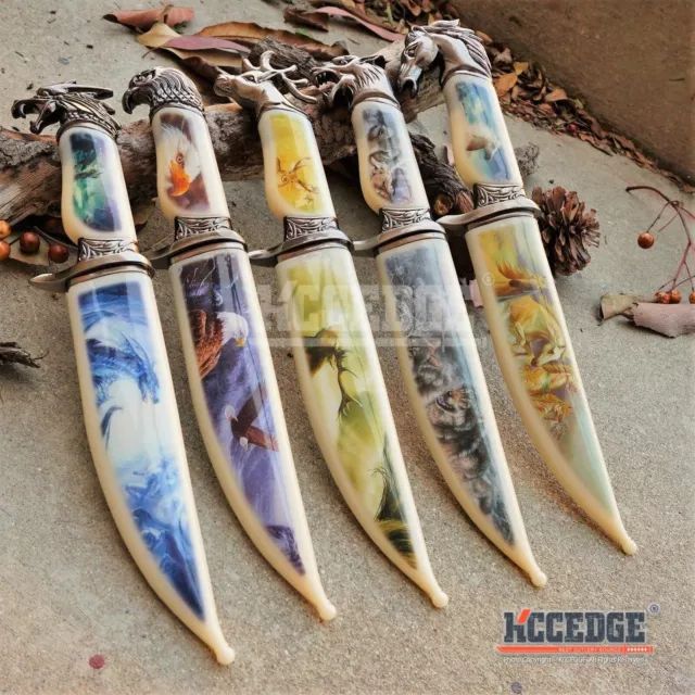 13" COLLECTOR'S HUNTING WILDLIFE DAGGER 5 Types Animal Head Pommel Fixed Blade G