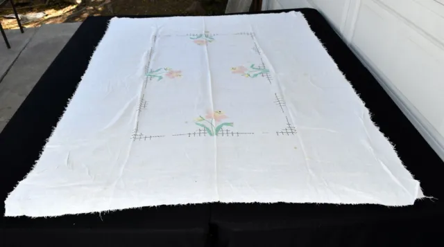 Vintage Embroidered Multicolor Appliques Floral Fringed Linen Tablecloth 46 x 66