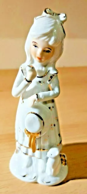 Pretty Figurine of a Victorian Girl & her cat, White China with Gilt design