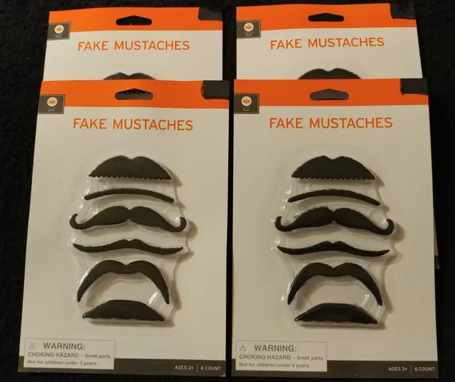 Lot of 4 Packages Halloween Assortment of 6 Fake Mustaches Total 24 NIP