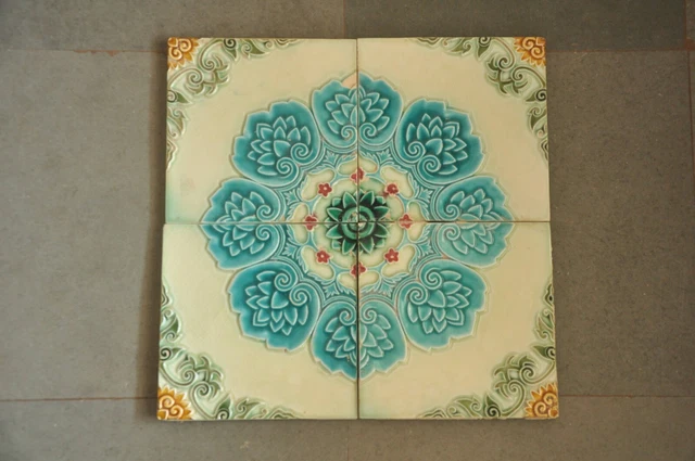 4 Pc Vintage Majolica Floral Decorative Art Ceramic Tiles , Japan