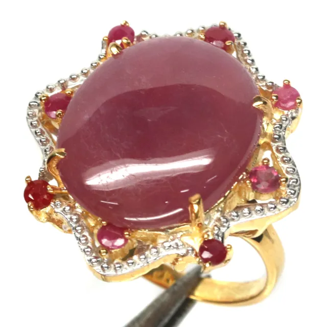 Chauffé 17 X 21 Mm. Ovale Avec Rond Rouge Rubis Femme Bague 925 Argent 18K Or