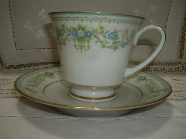 Noritake "Spring Meadow Tea Cup & Saucer Green & Blue Flowers Immaculate 21