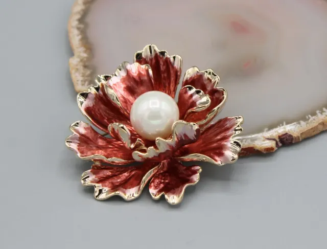 Peony pin brooch jewelry flower white pearl nature yellow gold tone red elegant