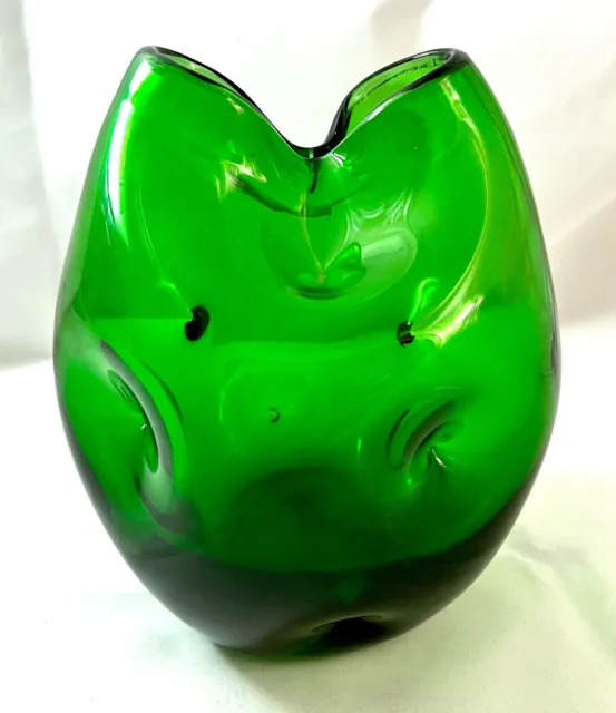 Vase Pinched/Dimpled Hand-Blown Art Glass Blenko, W. Anderson, Emerald Green