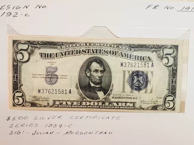 1934-C Five Dollar Silver Certificate FR 1417 blue seal