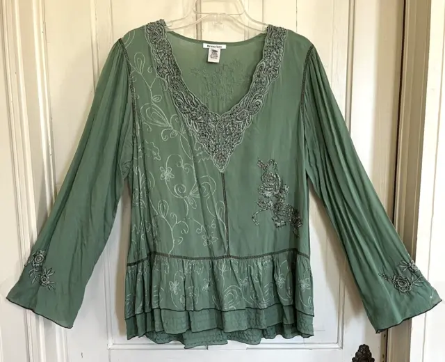 Krista Lee Size L Beaded Blouse with Ruffles Sage Green Loose Fit