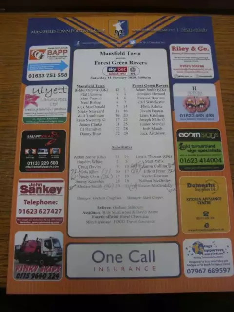 11/01/2020 Colour Teamsheet: Mansfield Town v Forest Green Rovers (folded, match