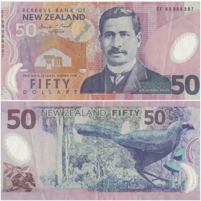 New Zealand 50 Dollar banknote 1999 P188 Brash CF99 999 Ngata kokako bird