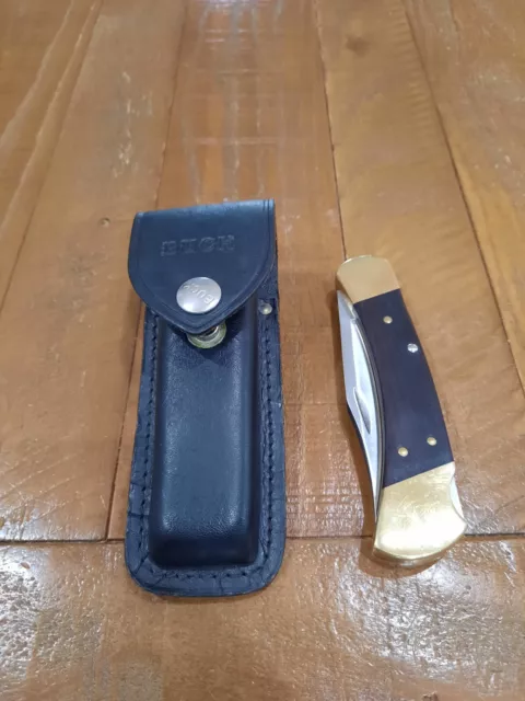Vintage Buck 110 Folding Hunting Knife (4-Dot) With Leather Sheath 1981- 86 USA