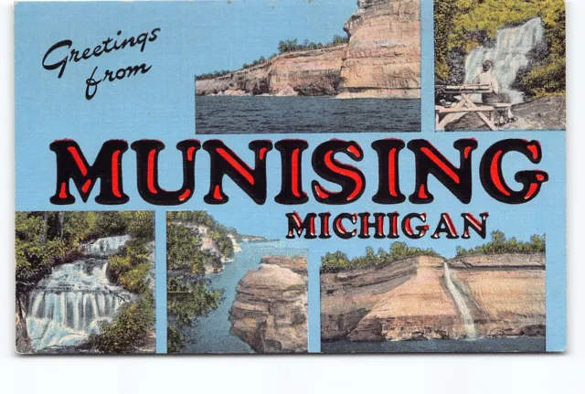 Greetings Munising Palisade Alger Falls Michigan MI Linen Postcard Vtg Unposted