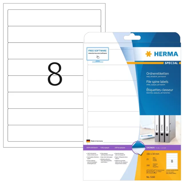 HERMA Self Adhesive Lever Arch File Labels, 8 Labels Per A4 Sheet, 200 Labels Fo