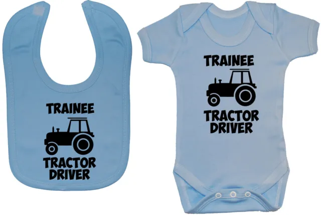 Trainee Tractor Driver Baby Grow/Romper & Feeding Bib 0-24m Boy Girl