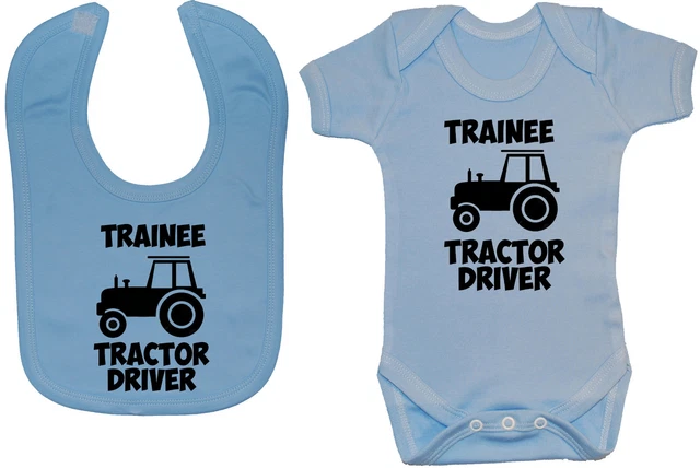 Trainee Tractor Driver Baby Grow/Romper & Feeding Bib 0-24m Boy Girl