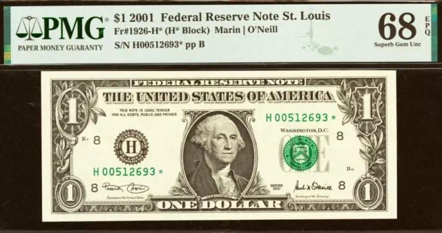 2001 $1 Federal Reserve Note PMG 68EPQ top pop finest St Louis star Fr 1926-L*