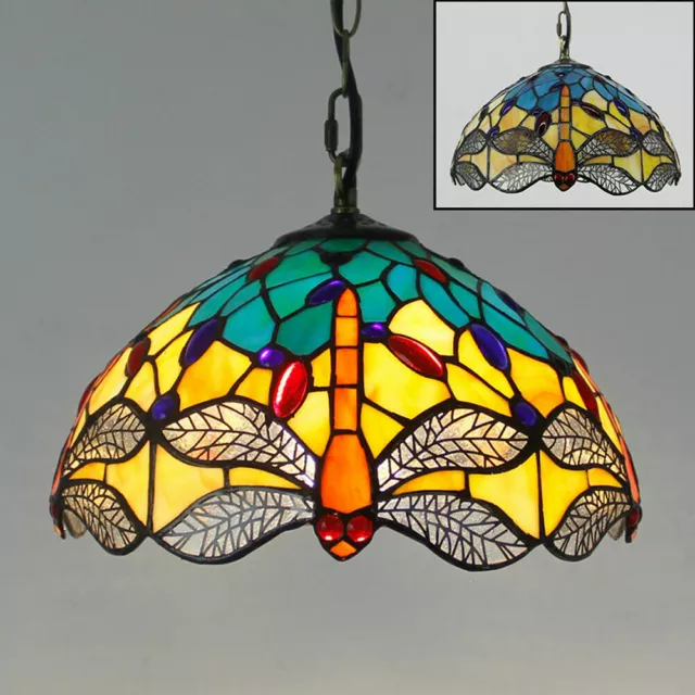 12" Dragonfly Pendant Lamp Tiffany Style Retro Stained Glass Hanging Lighting