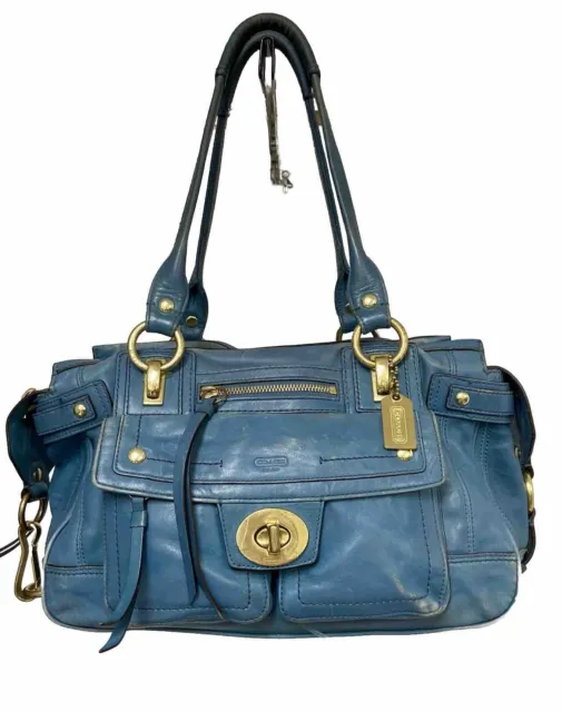 Coach Hampton Vintage Leather Lindsay Shopper Rare Teal Blue Satchel Bag 12475