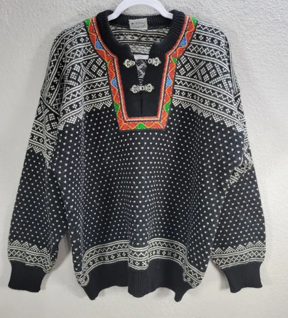 Vtg Men's Noreg Nordic Sweater Icelandic Print Buttons Accent Embroidered  3XL