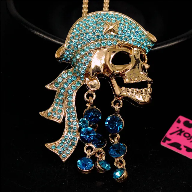 Betsey Johnson Bling Rhinestone Blue Pirate Skull Crystal Pendant Chain Necklace