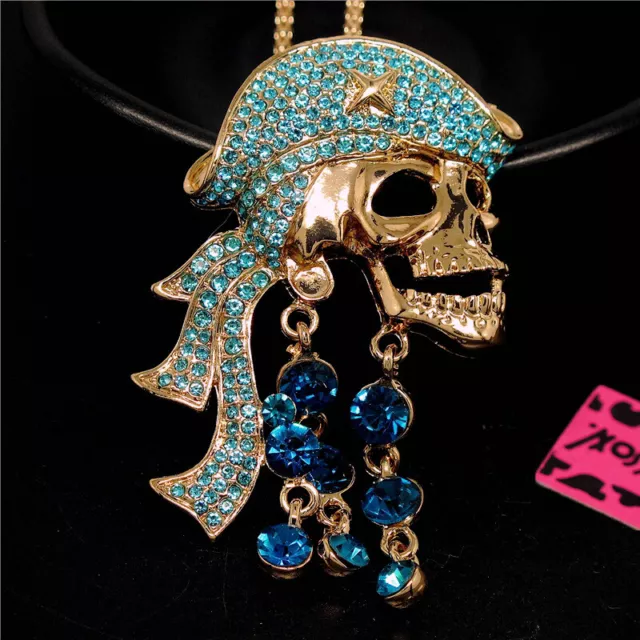 Fashion Women Bling Rhinestone Blue Pirate Skull Crystal Pendant Chain Necklace