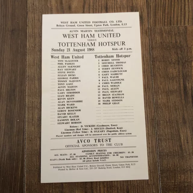 Alvin Martin Testimonial Team Sheet West Ham United V Tottenham Hotspur Mint